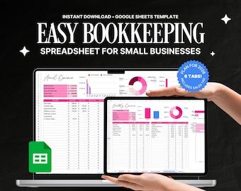 Puede incluir: Un portátil y una tableta que muestran una hoja de cálculo rosa y blanca con el texto "EASY BOOKKEEPING SPREADSHEET FOR SMALL BUSINESSES". La imagen incluye un icono de Google Sheets y el texto "INSTANT DOWNLOAD • GOOGLE SHEETS TEMPLATE."