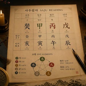 Puede incluir: Una tabla de lectura Saju impresa en papel color crema con una cuadrícula de caracteres chinos, un diagrama de los cinco elementos y texto en inglés. La tabla está rodeada por una brújula, un pincel, un cuenco con piedras y un libro.