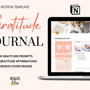 Könnte beinhalten: Ein Laptop-Bildschirm zeigt eine Notion-Vorlage für ein Dankbarkeits-Tagebuch. Die Vorlage enthält einen Kalender, tägliche Dankbarkeitsaufforderungen und einen Abschnitt für monatliche Reflexionen. Der Text "Gratitude Journal" wird oben auf dem Bildschirm angezeigt. Das Notion-Logo befindet sich in der oberen rechten Ecke des Bildschirms.