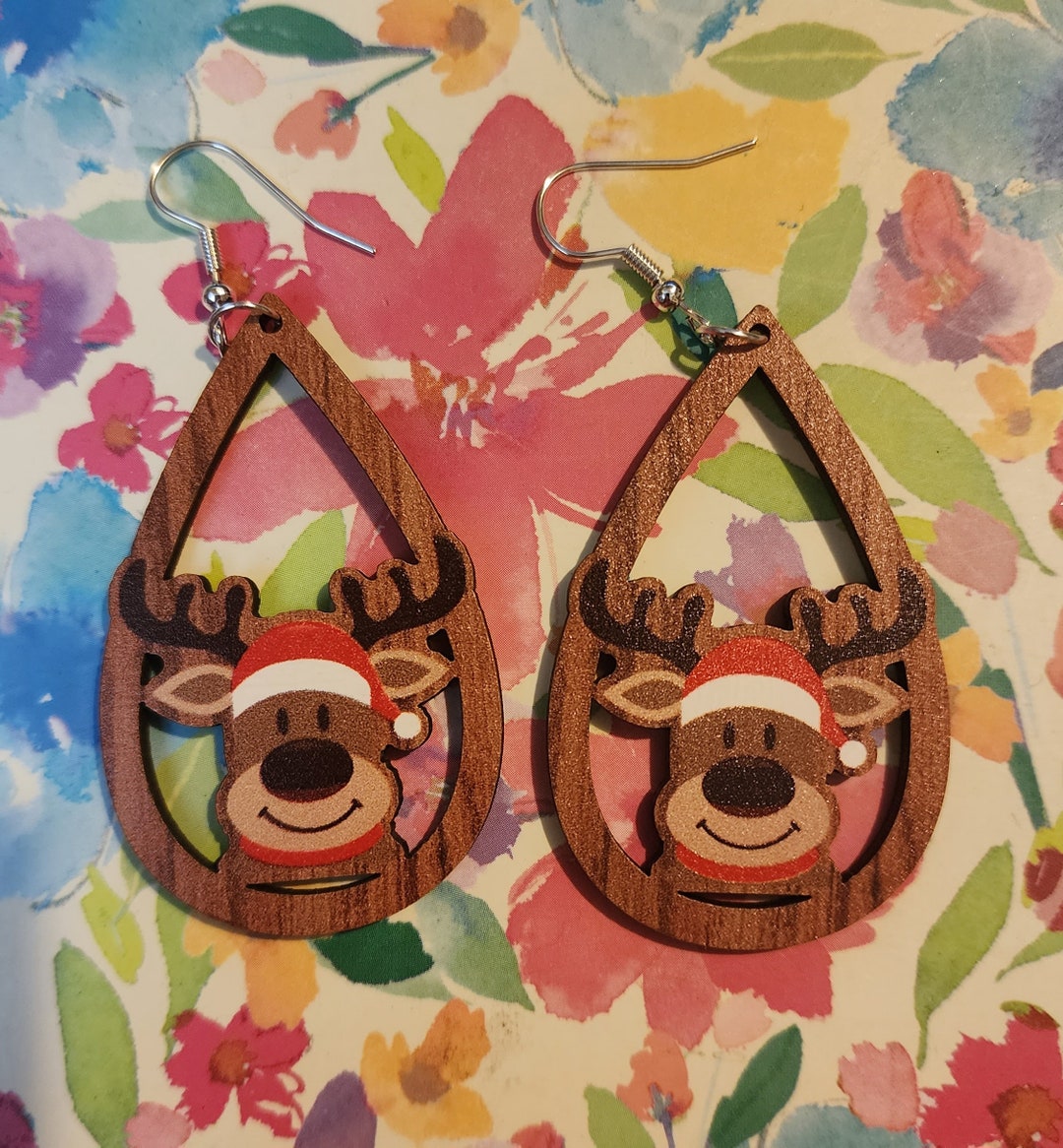 Wooden Christmas Reindeer Dangle Earrings Etsy