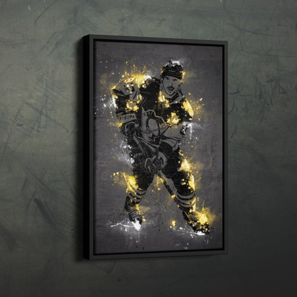 Sidney Crosby Poster Neon Splash Pittsburgh Penguins NHL Framed Canvas Wall Art Print Home Decor Man Cave Gift