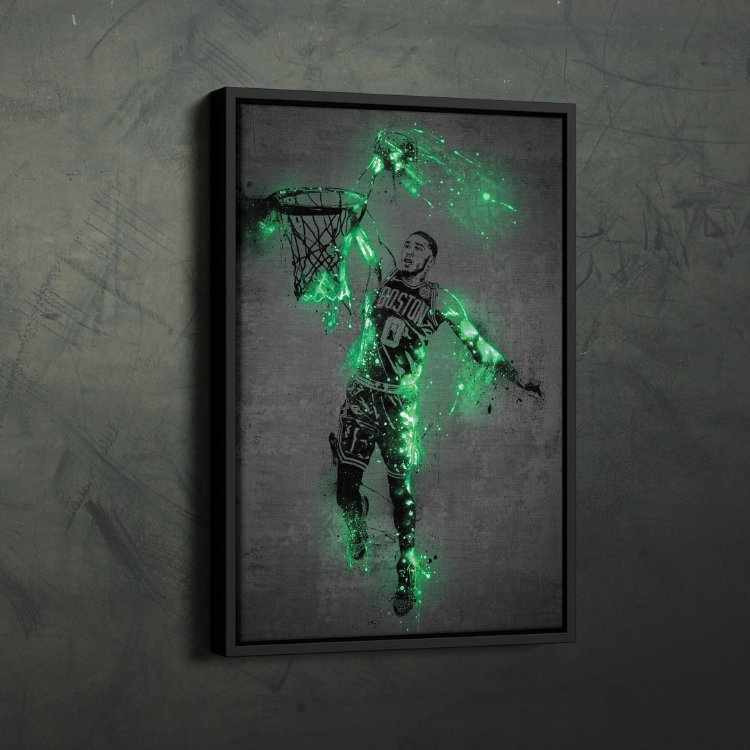 Jayson Tatum Poster Neon Splash Boston Celtics NBA Framed Canvas Wall