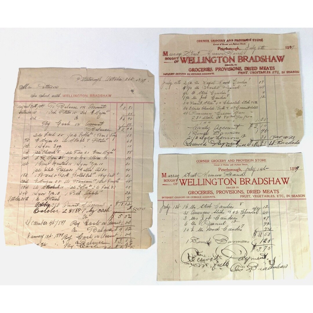 1899 Grocery Store Reciepts 3 Peterborough Ontario Canada Wellington
