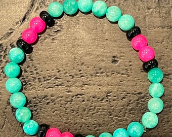 Pulsera elástica retro con cuentas en aguamarina y rosa / Joyas apilables originales