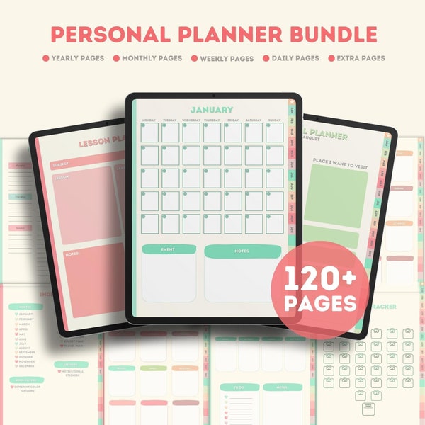 Personal Planner, Monthly Digital Planner, Goodnotes Template, iPad Planner, Digital Bullet Journal Pdf, Stickers, Yearly Planner, Undated