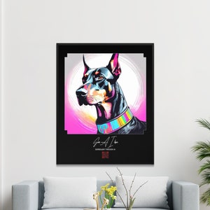 Doberman pinscher dog lover wall art canvas gift, quality framed dog wall art for apartment decor, back to school gift, synthwave AI pop art