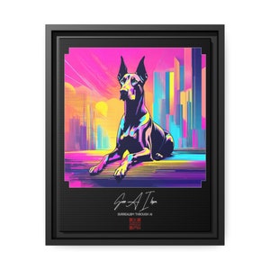 Doberman pinscher dog lover wall art canvas gift, quality framed dog wall art for apartment decor, back to school gift, synthwave AI pop art