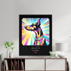 Doberman pinscher dog lover wall art canvas gift, quality framed dog wall art for apartment decor, back to school gift, synthwave AI pop art