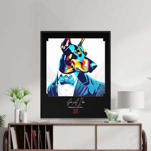 Doberman pinscher dog lover wall art canvas gift, quality framed dog wall art for apartment decor, back to school gift, synthwave AI pop art