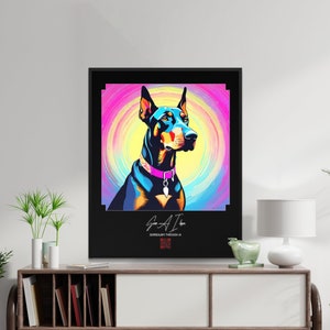 Doberman pinscher dog lover wall art canvas gift, quality framed dog wall art for apartment decor, back to school gift, synthwave AI pop art