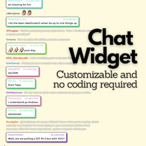 May include: A black and white image with the text "Chat Widget" in large bold letters. Below the text is the phrase "Customizable and no coding required". The image is surrounded by a light yellow background with a series of comments in a chat format.