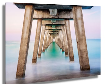 Soluppgångsfoto från Venice Pier i Florida, tidig morgonväggkonst från Gulfkusten, tryck av havspiren i Venice, kustlandskapsfotografi