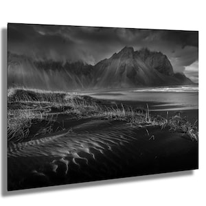 Vestrahorn Iceland Black and White Photo, Dramatic Mountain Wall Art, Iceland Landscape Print, Monochrome Nature Photography