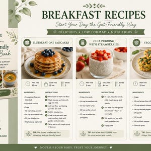 Może przedstawiać: Cyfrowa książka kucharska zatytułowana Breakfast Recipes zawierająca trzy przepisy o niskiej zawartości FODMAP: naleśniki owsiane z jagodami, pudding chia z truskawkami oraz jajeczne muffinki z warzywami, wraz z listą składników i instrukcjami.