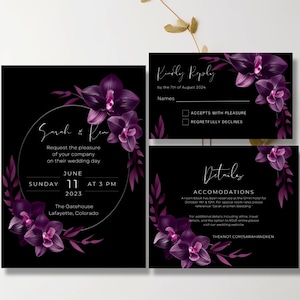 Black and Purple Orchid, Moody, Wedding Invitation Template, RSVP card, Details Card, Instant download, Canva, 5x7 Design