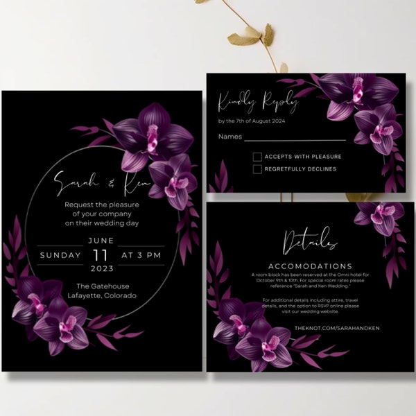 Orchidée noire et violette, Moody, Modèle d'invitation de mariage, Carte RSVP, Carte de détails, Téléchargement instantané, Canva, Conception 5x7