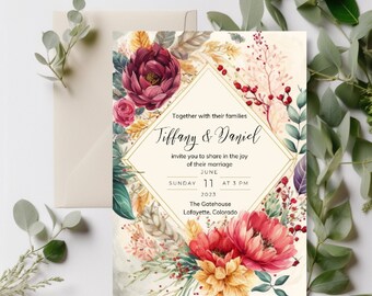 Romantic Floral Wedding Invitation Template, Instant download, Canva, 5x7 Design