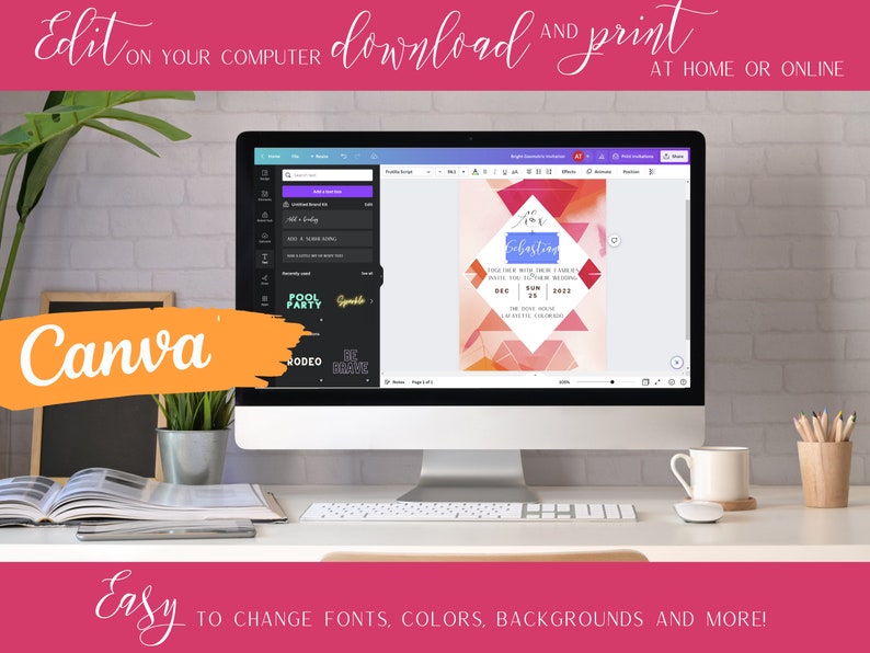 Bright Pink and Orange Floral Wedding Invitation Template, Instant ...