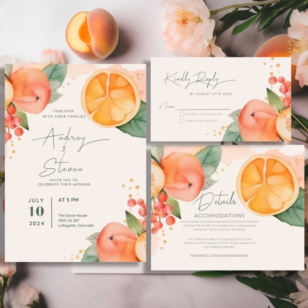 Peach, Fruit, Watercolor Wedding Invitation Template, RSVP card, Details Card, Instant download, Canva, 5x7 Design