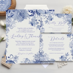 Blauwe en witte chinoiserie-sjabloon huwelijksuitnodiging, RSVP-kaart, kaart met details, Instant download, canvas, ontwerp van 5 x 7