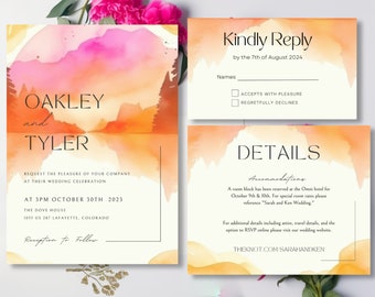 Watercolor Sunset, Pink and Wedding Invitation Template, RSVP card, Details Card, Instant download, Canva, 5x7 Design