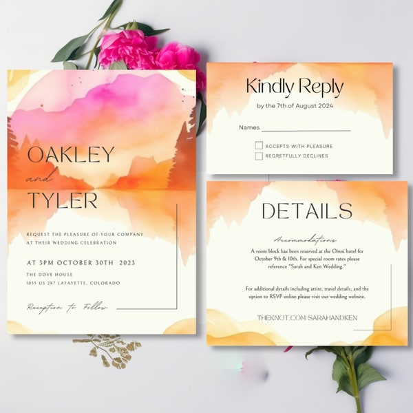 Watercolor Sunset, Pink and Wedding Invitation Template, RSVP card, Details Card, Instant download, Canva, 5x7 Design
