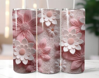 3D Pink White Floral Skinny Tumbler Wrap 20oz | Sublimation Design | PNG Digital Download | Straight Skinny Tumbler Wraps | Printable Wrap