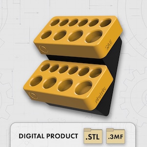 May include: Two-tiered, yellow tool holder with multiple oval openings, mounted on a black base. The text "Metric" is visible on the side. The words "DIGITAL PRODUCT" are at the bottom, along with .STL and .3MF file icons.