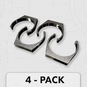 May include: Four metallic gray, semi-circular brackets are displayed against a white background with a blueprint design. The brackets are labeled "4 - PACK" in bold, black text. The brackets have a textured surface.