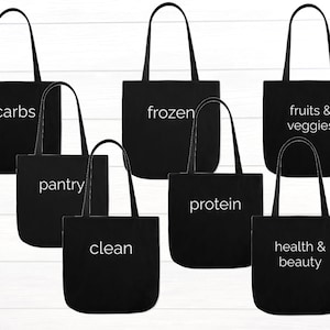 Reusable Grocery Bags (7 Pack) &quot;Carbs/Protein/Fruits and Veggies/ Frozen/Pantry/Health and Beauty/Clean&quot; | Labeled, Washable Canvas Bag