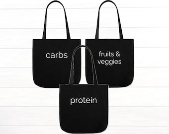 Reusable Grocery Bags (3 Pack) "Carbs/Protein/Fruits & Veggies" | Labeled Grocery Bag | Customized Bag | Large, Durable, Washable Canvas Bag