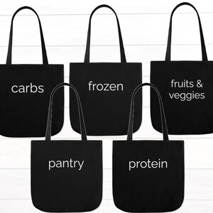 Reusable Grocery Bags (5 Pack) &quot;Carbs/Protein/Fruits & Veggies/ Frozen/Pantry&quot; | Labeled Grocery Bag | Large, Durable, Washable Canvas Bags