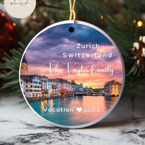 Switzerland Christmas Ornament, Personalized Zurich Family Couples Engaged Engagement Wedding Gift, Custom Travel Holiday Vacation Keepsake