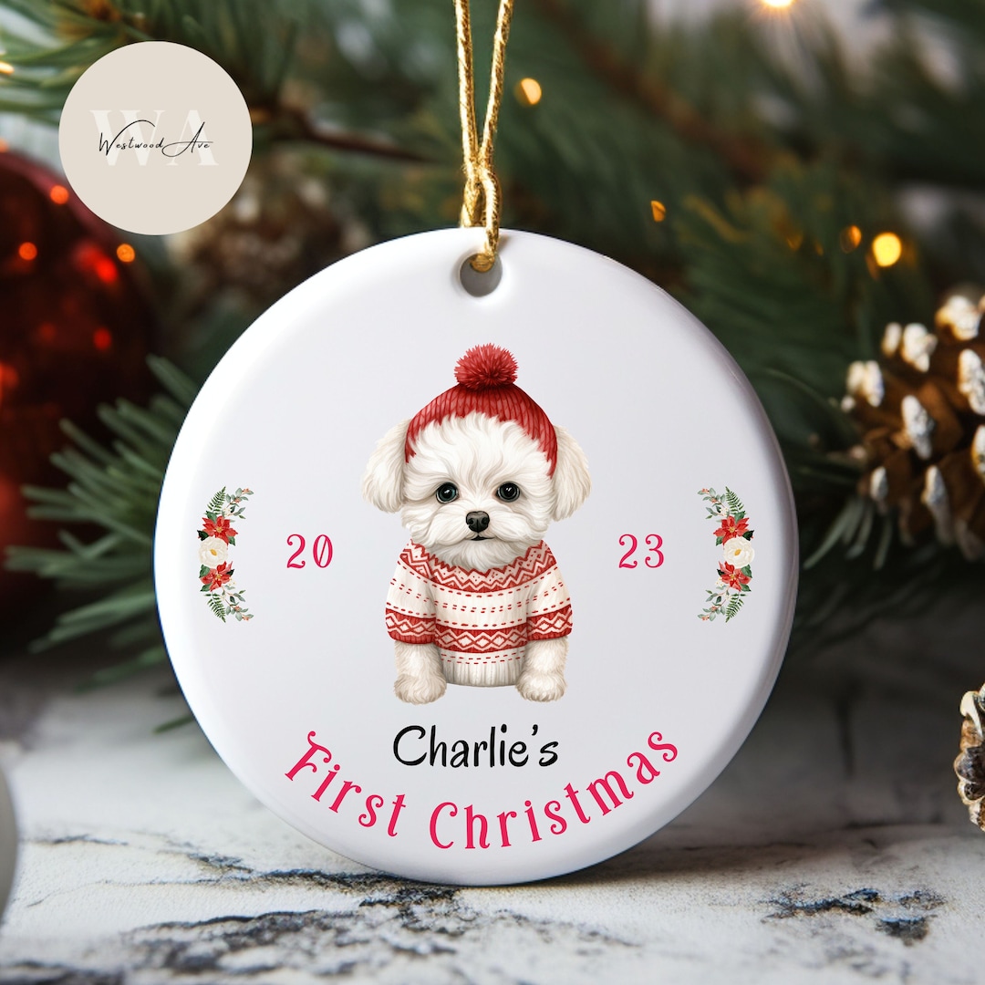 Personalized Maltese Dog Christmas Ornament, Pet First Christmas