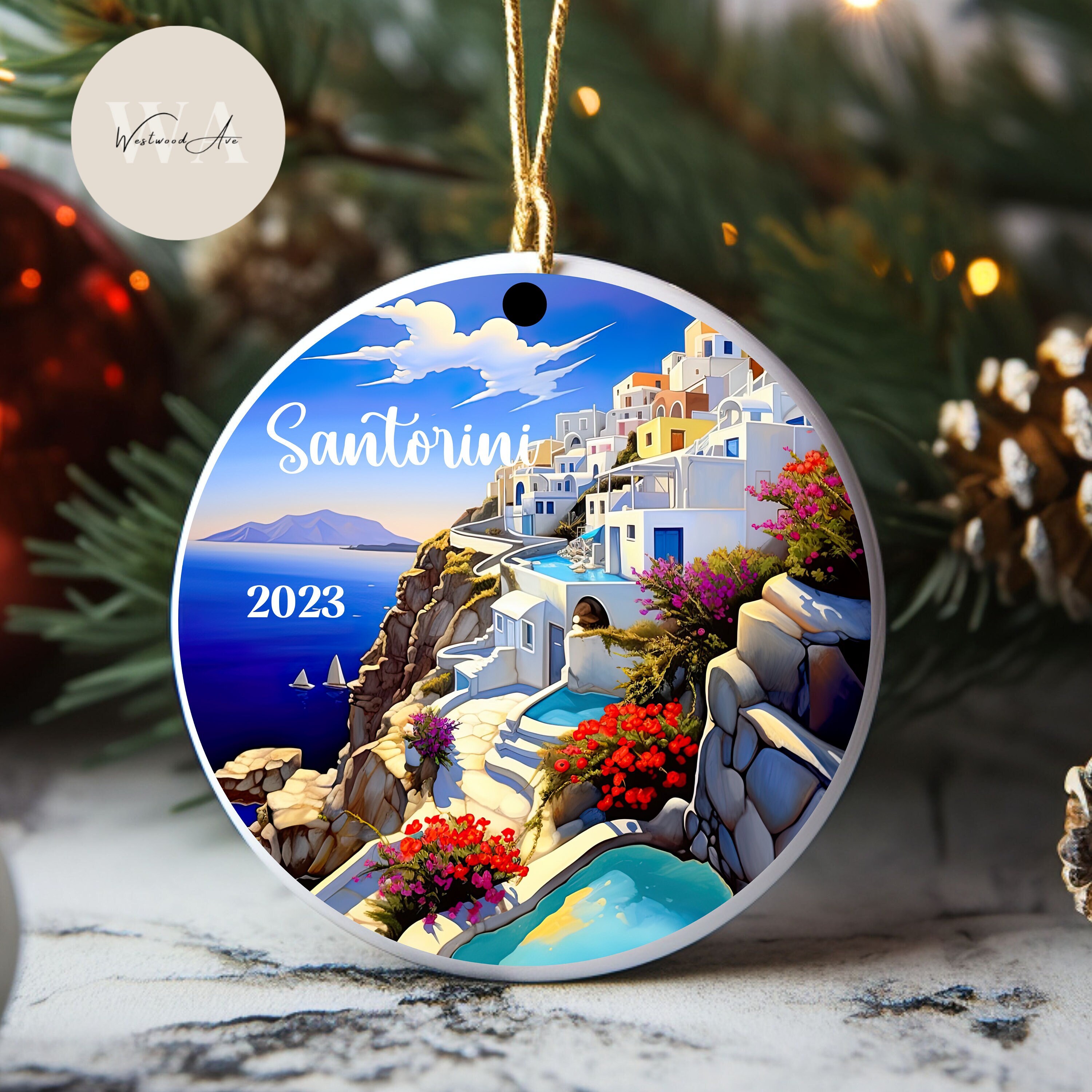 Santorini Greece Christmas Ornament, Couple Family Bauble 2023, Greek