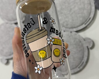 Caffeinated and Medicated Libbey Glass Tumbler with Bamboo Lid and Straw