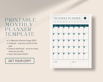 Minimalist Monthly Planner Printable: Undated Calendar, Large Writing Space (PDF)