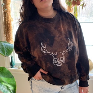 Unisex Crewneck - Black/Bleach Dyed with Skull & Antlers