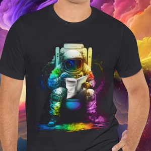 Astronaut Sitting On Toilet, Funny Space Tshirt, Spaceman Cosmic Solar System T-shirt, Astronomy Celestial Top NASA Unisex Graphic Tee