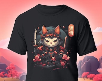 Kawaii Samurai Cat Tshirt, Cute Anime Cat Japanese Art Style T-shirt, Cartoon Manga Japanese Kanji Art Tattoo Style Graphic Tee Shirt