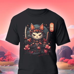 Camiseta Kawaii Samurai Cat, linda camiseta anime cat estilo arte japonés, dibujos animados manga japonés Kanji arte tatuaje estilo camiseta gráfica