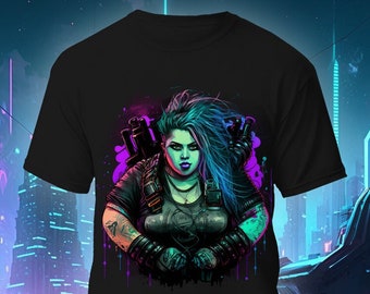 Cyberpunk Plus Sized Superhero Woman Tshirt, Futuristic Sci-Fi T-shirt, Cyber Punk Shirt, Black Streetwear Unisex Anime Graphic Tee