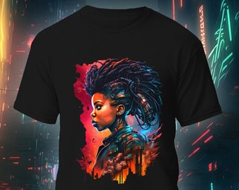 Cyberpunk Black Warrior Woman Tshirt, Futuristic Sci-Fi T-shirt, Cyber Punk Shirt, Black Streetwear Unisex Graphic Tee, Synthwave Anime