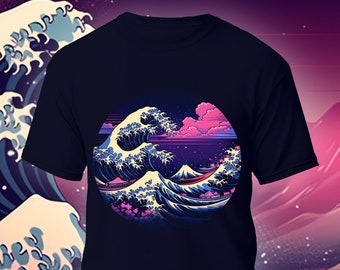 The Great Synthwave Tshirt, Anime Gift T-shirt, Manga Gift Graphic Tee Shirt, The Great Wave Off Kanagawa Shirt, Japanese Art Style Top