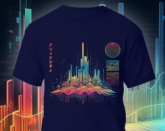 Retro Synthwave Grid City Tshirt, Minimalist Futuristic Music Lover Synth Equalizer Vintage T-shirt, Japanese Kanji Art Graphic Tee Shirt