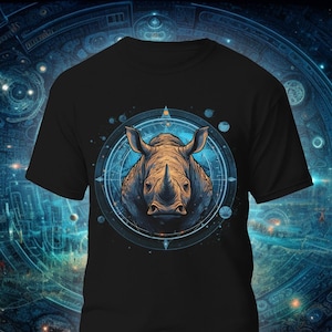 Cosmic Rhino Tshirt, Lunar Space Astronomy T-shirt, Celestial Galaxy Rhinoceros Graphic Tee Shirt, Cosmology Sci-fi Outer Space Planets Top