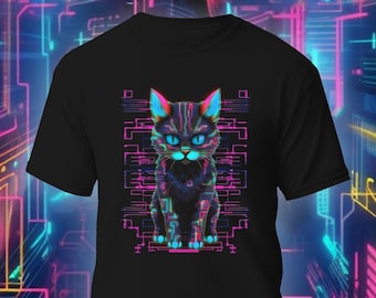 サイバー キャット シンセウェーブ T シャツ、未来アニメ ゲーマー デジタル子猫 T シャツ、トロン キャット グラフィック T シャツ、オルタナティブ ゲーミング SF T シャツ