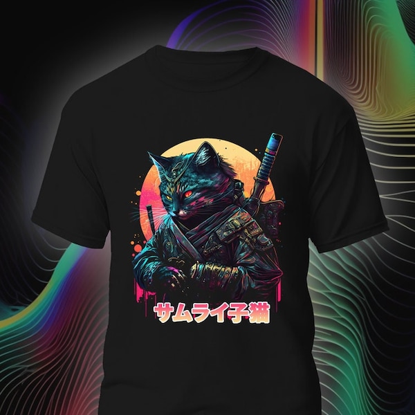 Samurai Cat Anime Tshirt, Ninja Cat Japanese Style Art T-shirt, Futuristic Cyber Punk Vaporwave Shirt, Streetwear Unisex Sci-Fi Graphic Tee