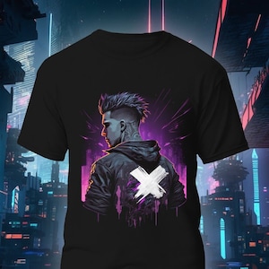 Cyberpunk Anime Manga T-shirt, Cyber Punk Urban Synthwave Tshirt, Futuristic Vaporwave Sci-Fi Top, Black Unisex Streetwear Graphic Tee Shirt
