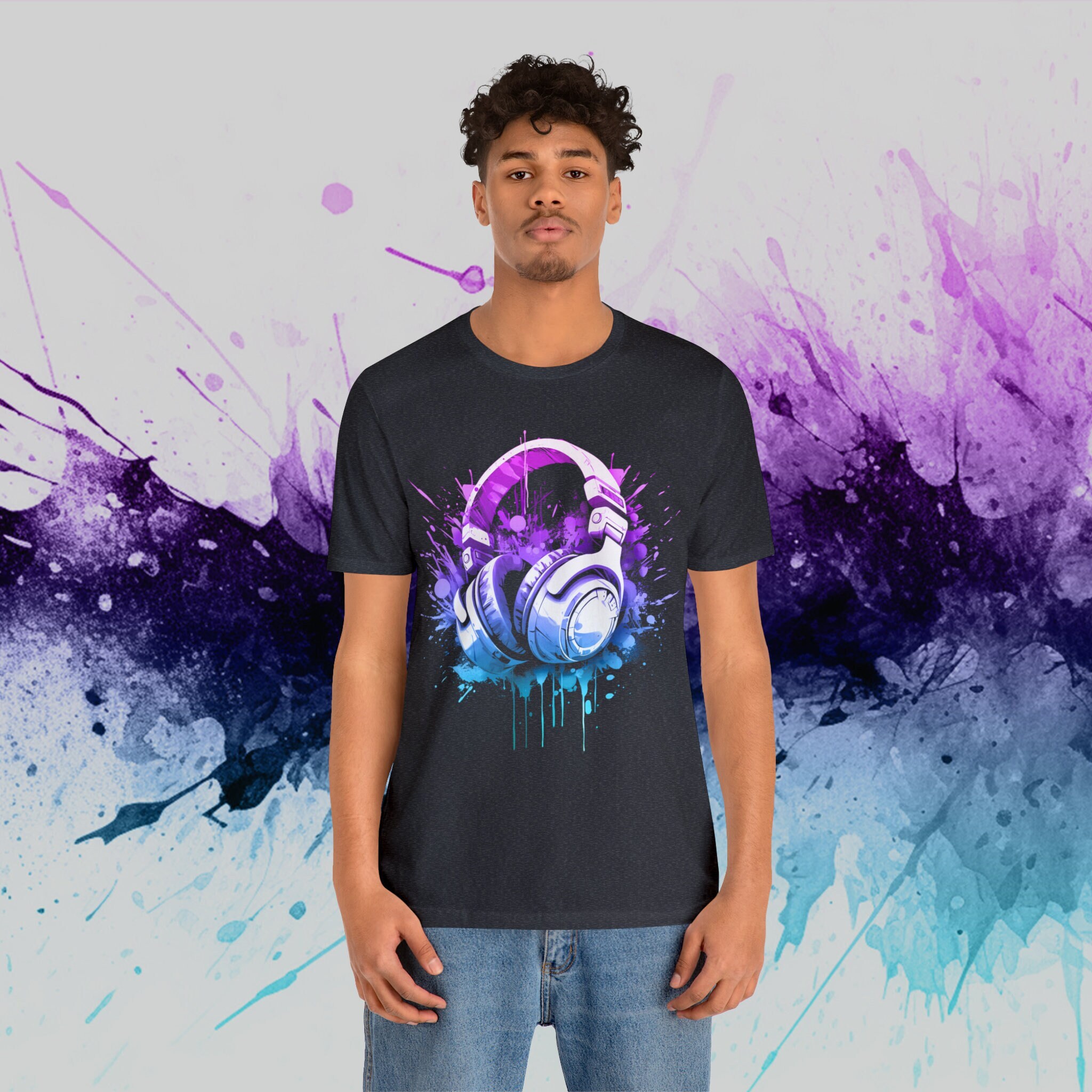 Headphones Splatter Tshirt, Retro 90s Colorful Synthwave Music Lovers Head Phones Shirt, Gamer Gift T-shirt, Gaming Gift Graphic Tee Shirt